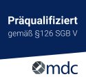 Siegel: "Präqualifiziert gemäß §126 SGB V" mit Logo von "mdc"